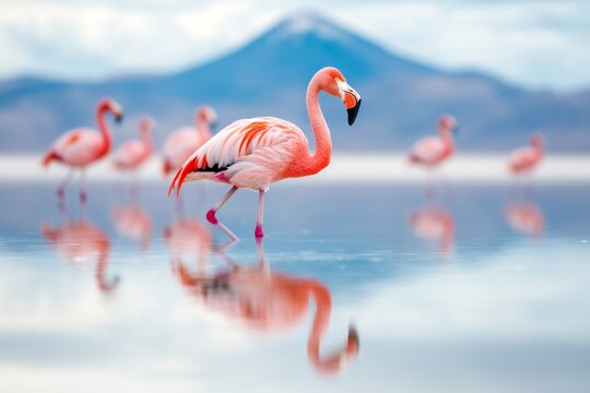A 3D-rendered scene of flamingos wading in the reflective Uyuni flats, with vibrant colors and realistic lighting capturing their elegance