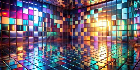 Obraz premium Abstract iridescent room with vibrant square tiles reflecting light