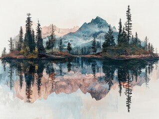Naklejka premium Nature art fusion modern depiction of mountains and reflections serene landscape tranquil environment artistic viewpoint