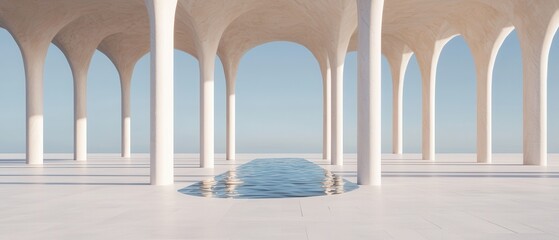 Fototapeta premium A serene architectural space with arched columns and a tranquil water feature under a clear blue sky.