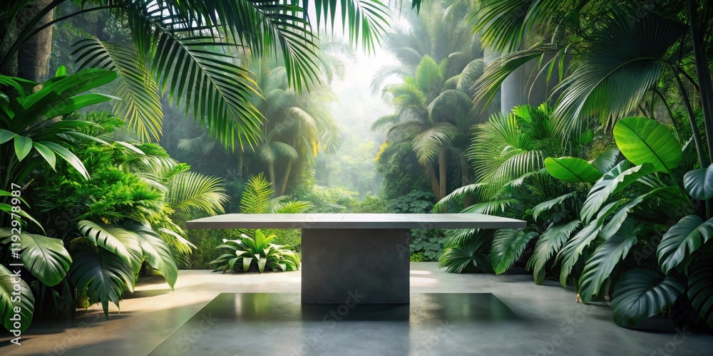 Poster Serene Stone Table in Lush Tropical Paradise Setting