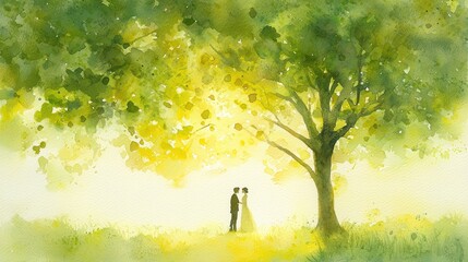 Romantic Watercolor Painting of Couple Under Lush Green Tree