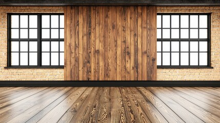 Rustic Interior Design Empty Room with Wooden Walls Brick and Hardwood Floor