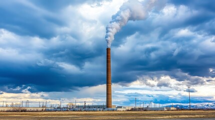 Majestic Industrial Landscape Featuring a Tall Smoke Stack Emitting White Pollution Against a Dramatic Cloudy Sky Over Rural Fields and Power Lines