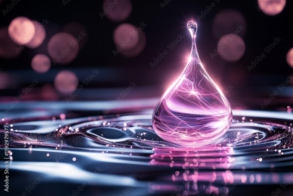 Poster a uv light illuminating a single drop of fluorescent liquid on a dark surface, with ripples glowing 