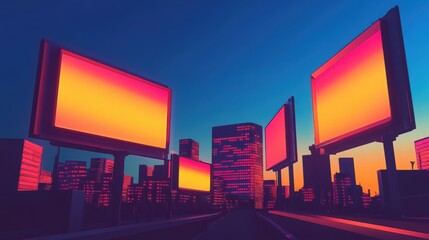 Cityscape with glowing billboards against a clear blue sky at sunset creating a vibrant urban view