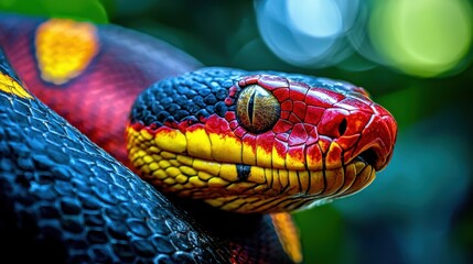 Fototapeta premium Vibrant Red Yellow and Black Snake Close Up Exotic Reptile Head Detail in Lush Green Nature