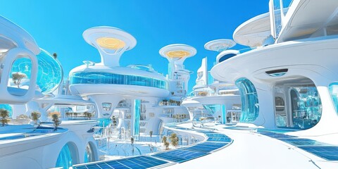 Fototapeta premium Futuristic cityscape with sleek, white architecture and integrated greenery under a bright sky.