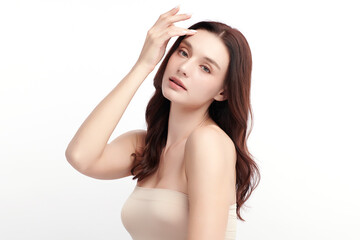 Fototapeta premium Beautiful young woman with clean fresh skin on white background, Face care, Facial treatment, Cosmetology, beauty and spa, women portrait.