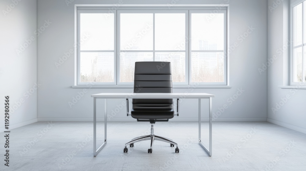 Aufkleber modern minimalist office with empty desk and chair facing large windows