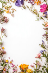 Obraz premium Mockup decorative frame made of flowers. big white empty space in the middle