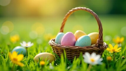 Fototapeta premium a basket of colored eggs stands on the grass