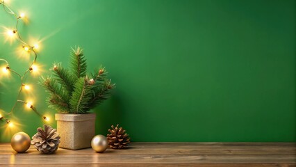 Festive Winter Scene with Evergreen, Ornaments, and String Lights against a Green Background