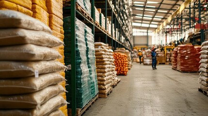 Warehouse workers are managing packaged food and other goods in a large storage compartment, organizing and stocking products for distribution and retail