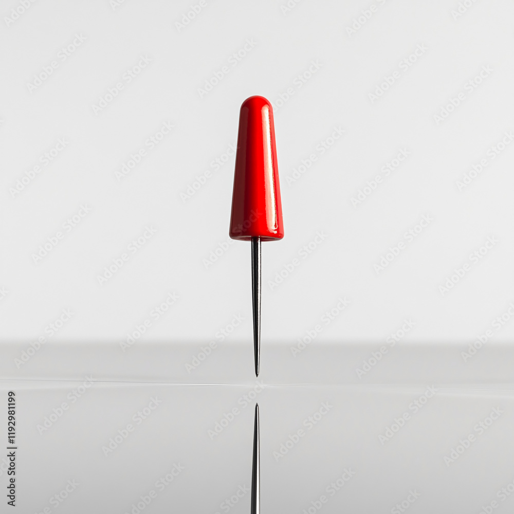 Poster Minimalist red pin with sharp reflection on a glossy white surface