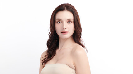 Obraz premium Beautiful young woman with clean fresh skin on white background, Face care, Facial treatment, Cosmetology, beauty and spa, women portrait.