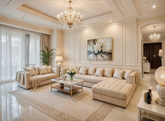 A close-up of a living room with a chandelier and a couch	
