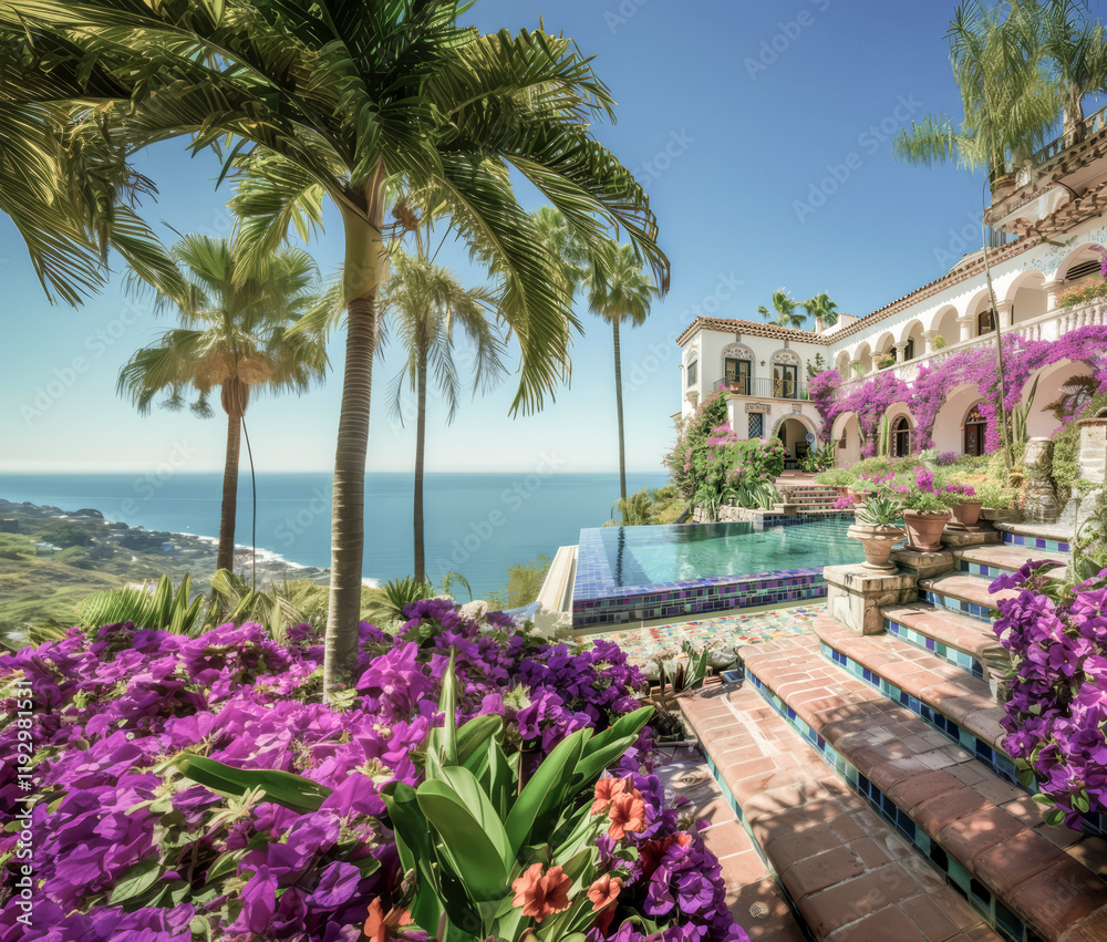 Wall mural Luxury villa with infinity pool, vibrant purple flowers, palm trees, and breathtaking ocean views on a sunny day