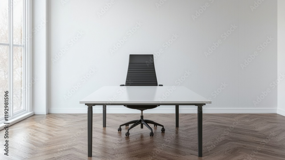 Poster minimalist office interior with empty table and chair facing large window