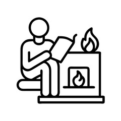 reading by the fireplace icon, reading by the fireplace line art - simple line art of reading by the fireplace, perfect for reading by the fireplace logos and icons and themed design