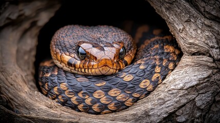 Obraz premium Close up of a Striking Brown and Black Snake Coiled in a Weathered Tree Trunk