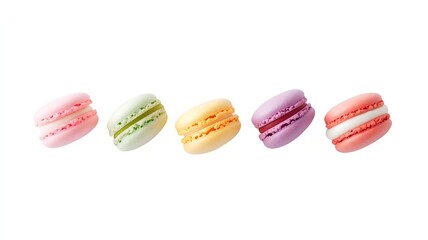 Colorful French Macaron Cookies Stacked in Rows on White Background