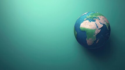 Globe on a teal background, highlighting continents and oceans, symbolizing geography and global awareness.
