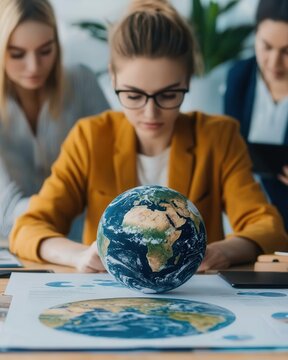 A focused woman studies a globe while colleagues review maps in a modern office setting.