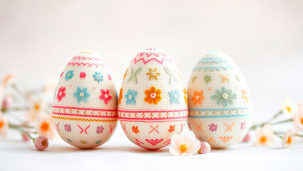 Fototapeta premium Handmade decorative Easter eggs decorated with embroidery and flowers