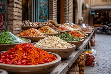 Fototapeta premium A bustling Uzbek bazaar filled with colorful spices, fruits, and handcrafted textiles, surrounded by traditional architecture