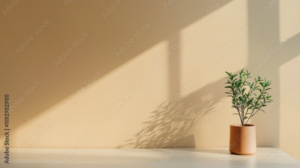 Poster sunlight streaming into minimalist office with empty table and plant