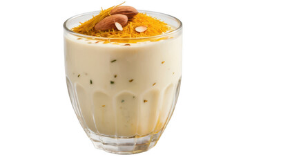 A close-up of a glass of thandai filled with creamy liquid, topped with strands of saffron and a sprinkle of sliced almonds, isolated on a transparent background PNG