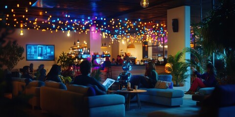 A vibrant lounge with people interacting and a robot amidst colorful lights.