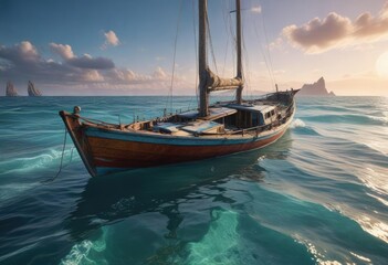 A broken sailboat partially submerged in seawater , ocean, beachy environment, rusty metal