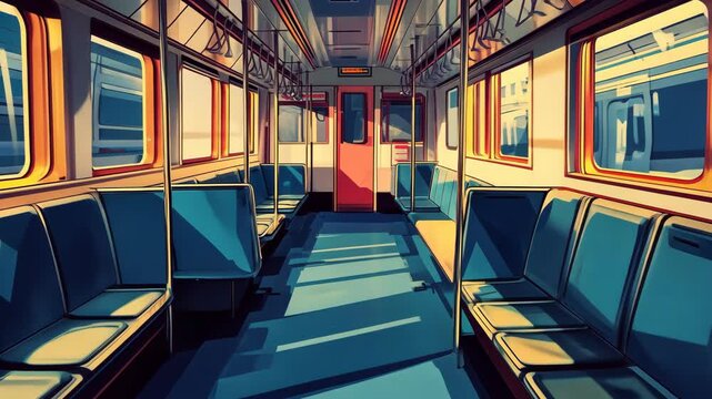 Empty subway train interior with bright lighting and shadows during midday