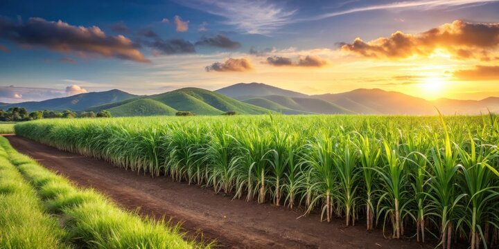 Serene Sunset Over Lush Sugarcane Field and Rolling Hills