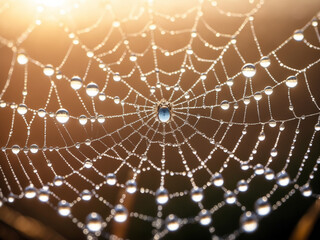 Obraz premium Close-up of a spiderweb adorned with glistening dew drops, illuminated by warm sunlight, showcasing intricate patterns and delicate beauty.