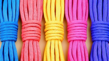 Colorful Twisted Ropes Bright Nylon Cordage Vivid Synthetic Strings Close up Texture Background