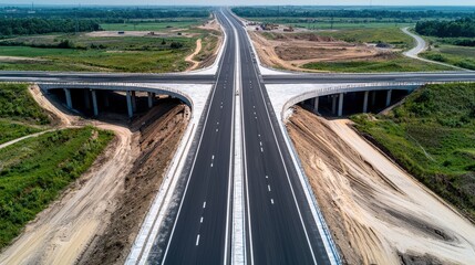 Aerial view of a highway construction site with a bridge overpass and vehicles on the road