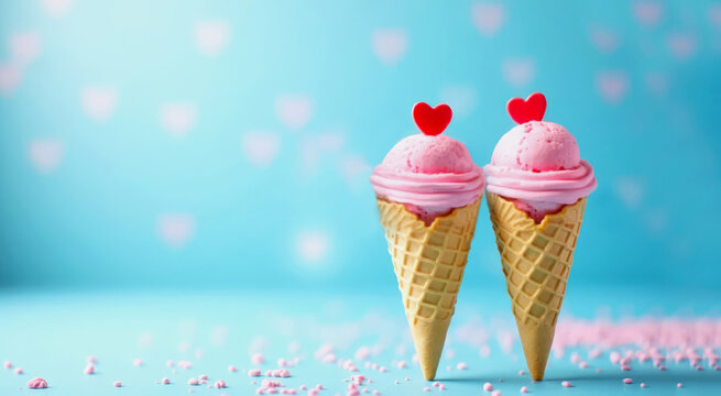 Two strawberry ice cream cones in the shape of hearts on a bright festive background