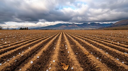 Ploughed farmland with hail mountain backdrop rural landscape