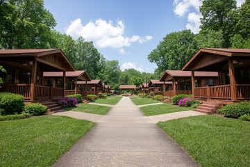 Charming wooden cabins set along a pathway, surrounded by lush greenery and colorful flowers under a bright blue sky.