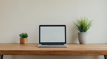 Modern minimalist office desk displaying laptop with blank screen and plants