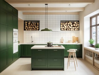 Unique wood logs adorn the ceiling, enhancing the rustic feel of the space.