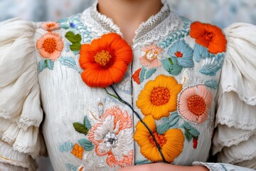 A close-up of the embroidery on a traditional Uzbek dress, showcasing the detailed craftsmanship and vibrant colors