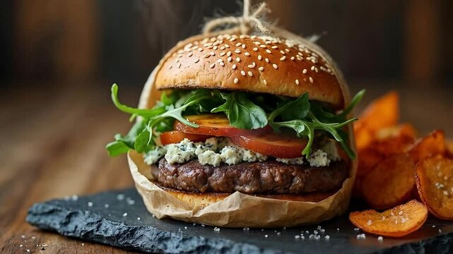 Hamburguesa gourmet con queso azul y r&uacute;cula acompa&ntilde;ada de papas fritas