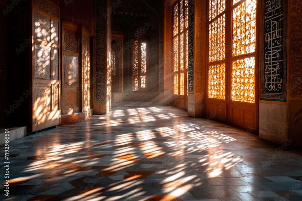 Poster A close-up of the intricate ceramic tiles on the Bibi-Khanym Mosque, with light casting delicate shadows across the patterns