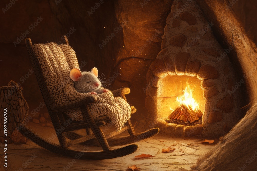 Aufkleber Cozy mouse relaxing in a rocking chair by a warm fireplace in a rustic setting. Generative AI