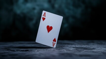 Floating Ace of Hearts Playing Card Against a Dark Textured Background in a Glowing Light, Symbolizing Luck and Gambling in a Stylish and Elegant Setting