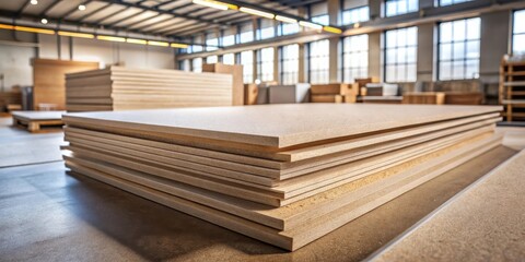Stack of Particle Board Sheets in a Manufacturing Facility